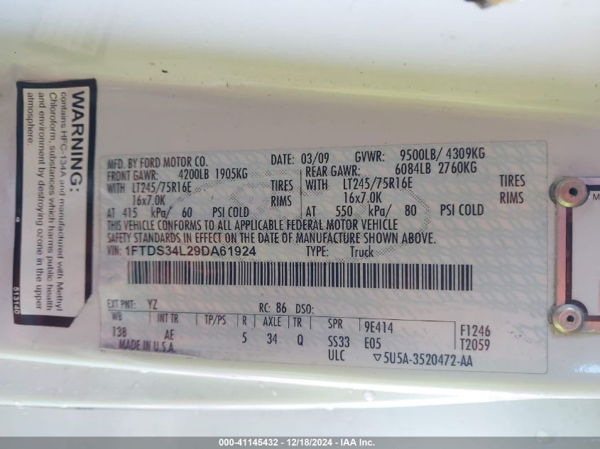 2009 Ford E-350 Super Duty Commercial/Recreational VIN: 1FTDS34L29DA61924 Lot: 41145432