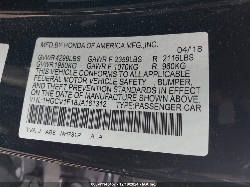 2018 HONDA ACCORD VIN: 1HGCV1F18JA161312