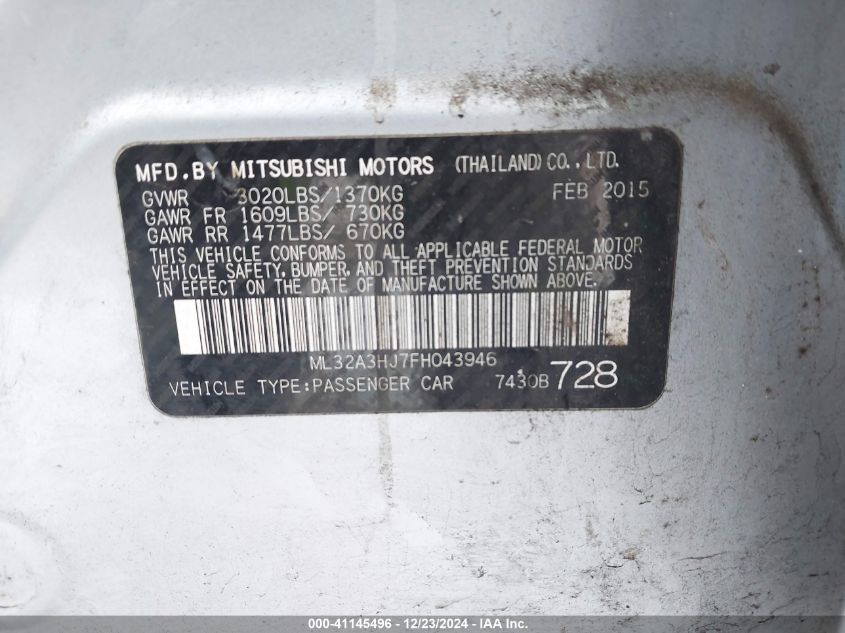 2015 MITSUBISHI MIRAGE VIN: ML32A3HJ7FH043946