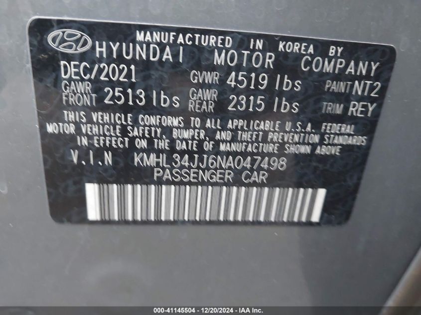 VIN KMHL34JJ6NA047498 2022 Hyundai Sonata, Hybrid Sel no.9