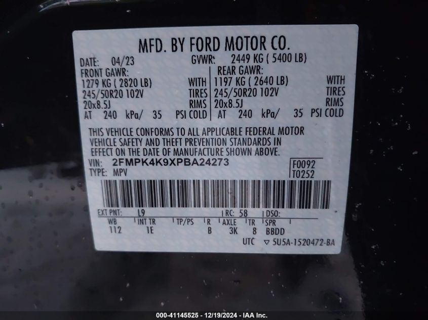 VIN 2FMPK4K9XPBA24273 2023 FORD EDGE no.9