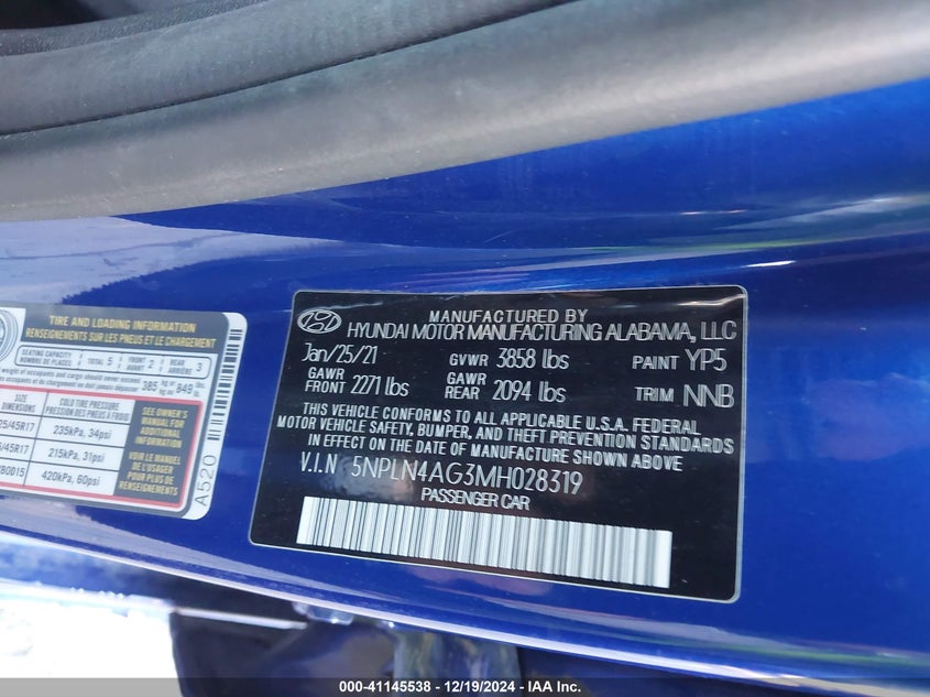 2021 HYUNDAI ELANTRA VIN: 5NPLN4AG3MH028319