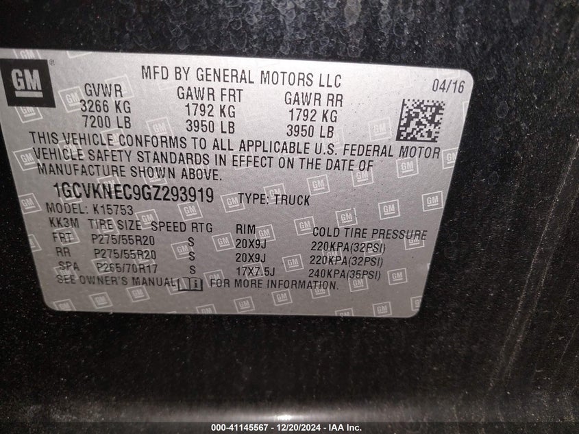 2016 CHEVROLET SILVERADO 1500 VIN: 1GCVKNEC9GZ293919