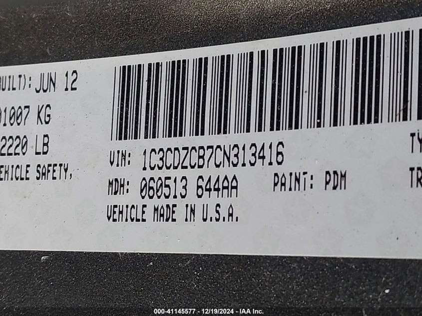 2012 DODGE AVENGER VIN: 1C3CDZCB7CN313416