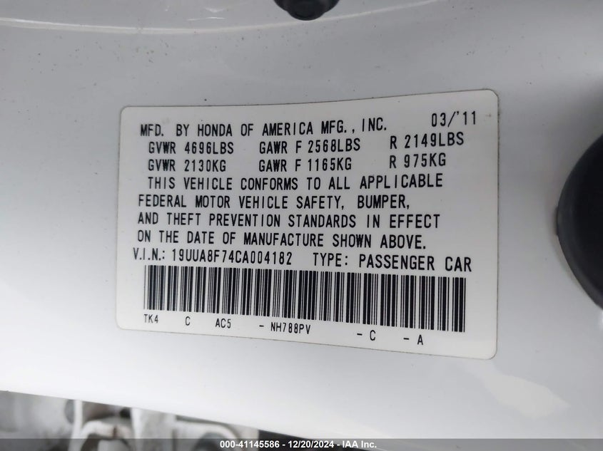2012 ACURA TL VIN: 19UUA8F74CA004182