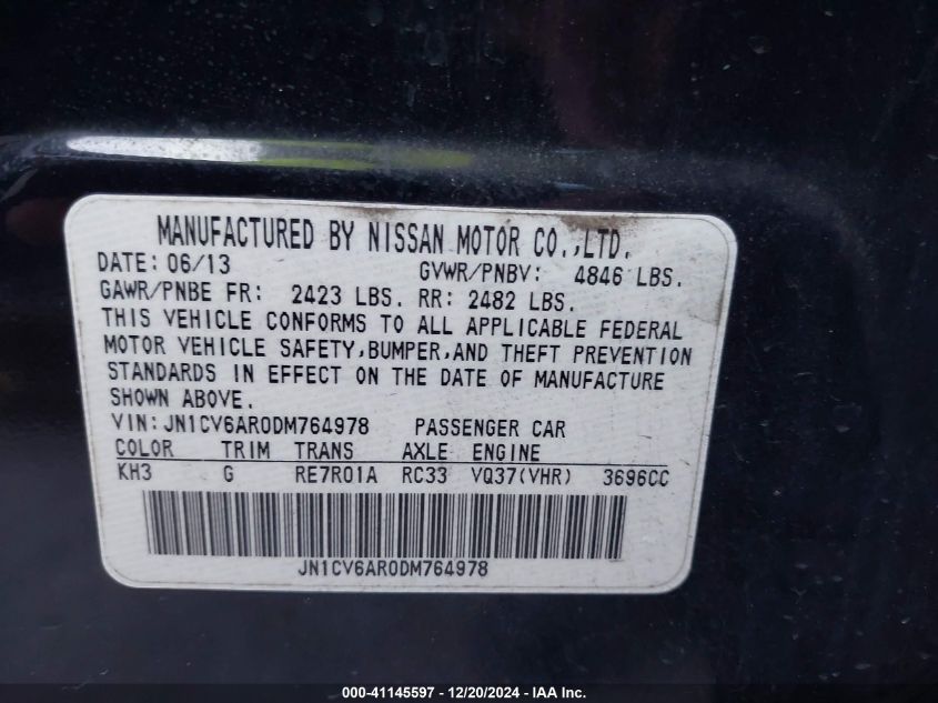 VIN JN1CV6AR0DM764978 2013 INFINITI G37X no.9