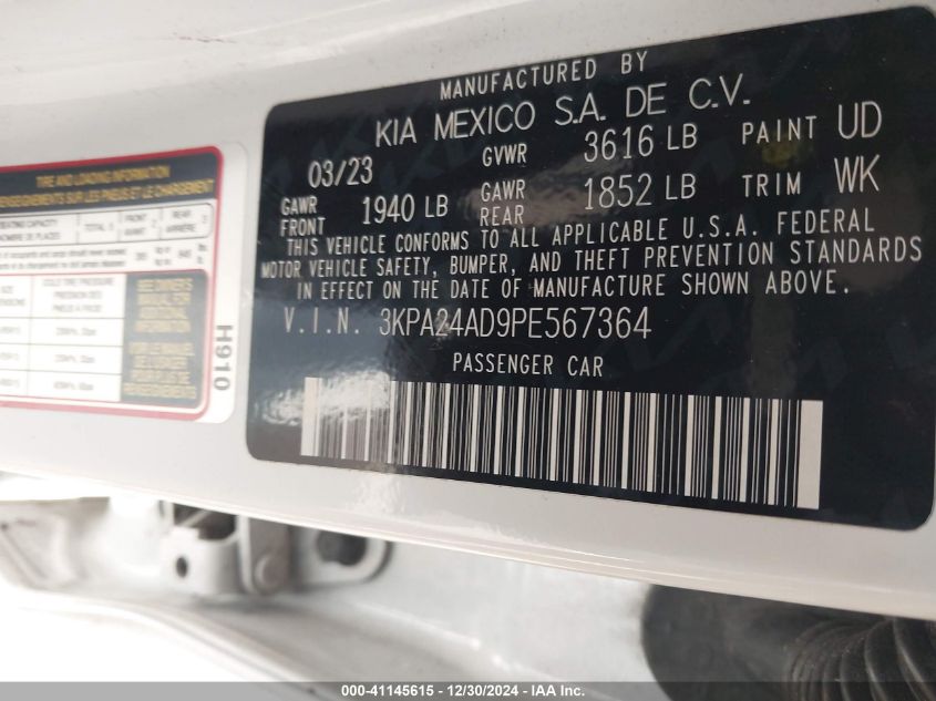 2023 Kia Rio Lx/S VIN: 3KPA24AD9PE567364 Lot: 41145615