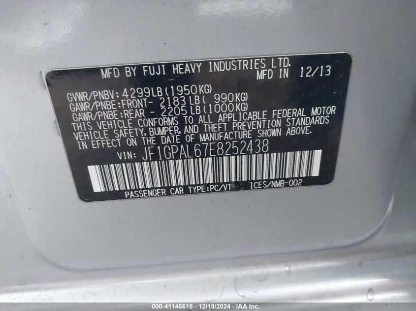 VIN JF1GPAL67E8252438 2014 SUBARU IMPREZA no.9