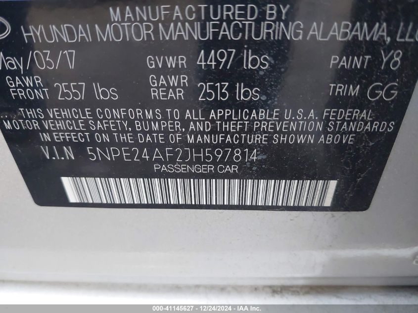 VIN 5NPE24AF2JH597814 2018 Hyundai Sonata, SE no.9