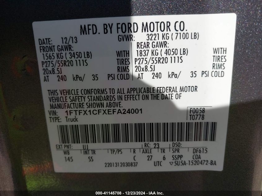 VIN 1FTFX1CFXEFA24001 2014 FORD F-150 no.9