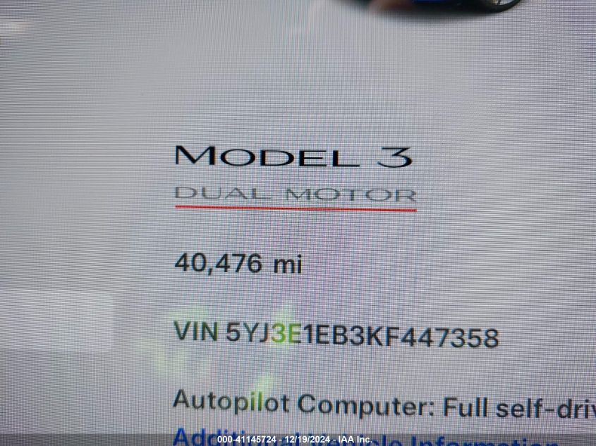 2019 Tesla Model 3 Long Range/Performance VIN: 5YJ3E1EB3KF447358 Lot: 41145724