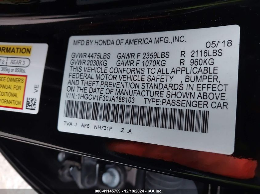 VIN 1HGCV1F30JA188103 2018 Honda Accord, Sport no.9