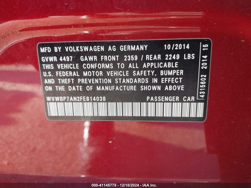 2015 VOLKSWAGEN CC SPORT - WVWBP7AN2FE814038