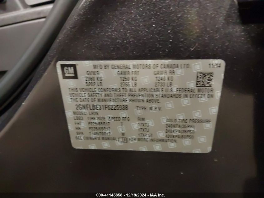 2015 Chevrolet Equinox 1Lt VIN: 2GNFLBE31F6225938 Lot: 41145858