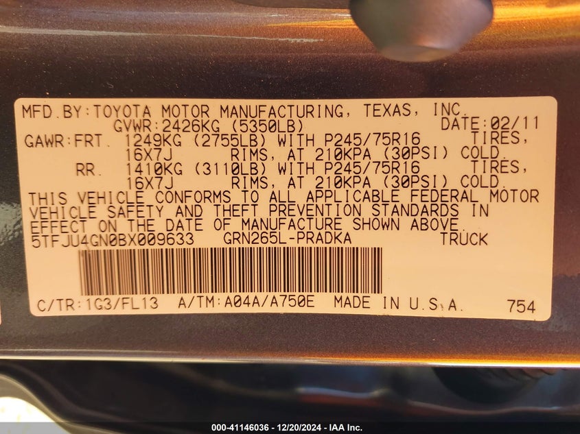 2011 TOYOTA TACOMA VIN: 5TFJU4GN0BX009633