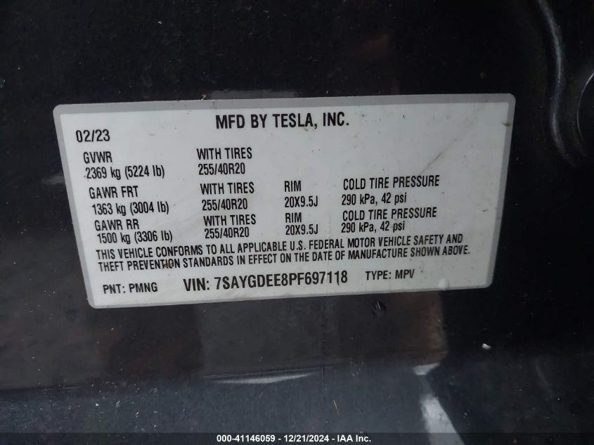 VIN 7SAYGDEE8PF697118 2023 Tesla Model Y, Awd/Long... no.9