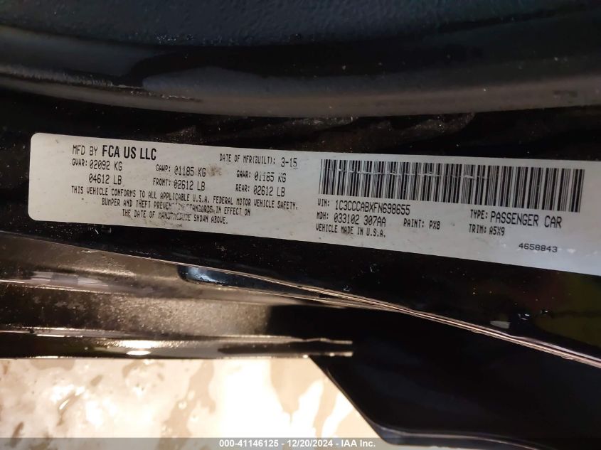 2015 Chrysler 200 Limited VIN: 1C3CCCABXFN698655 Lot: 41146125