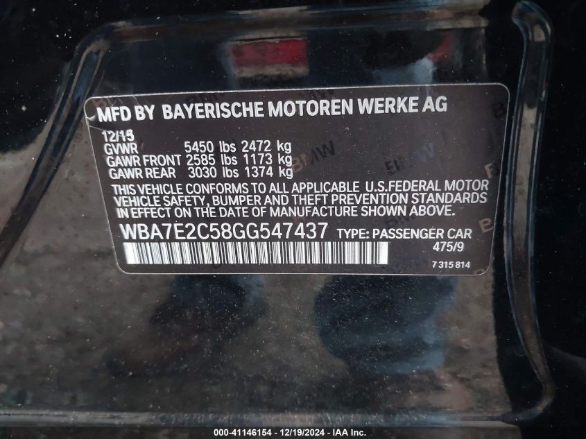 VIN WBA7E2C58GG547437 2016 BMW 7 Series, 740I no.9