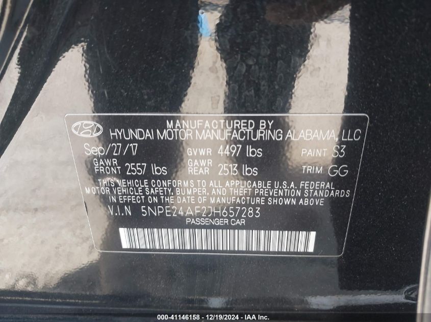 VIN 5NPE24AF2JH657283 2018 HYUNDAI SONATA no.9