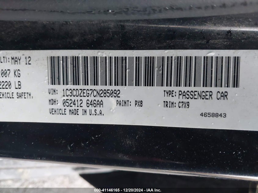 2012 DODGE AVENGER VIN: 1C3CDZEG7CN285092