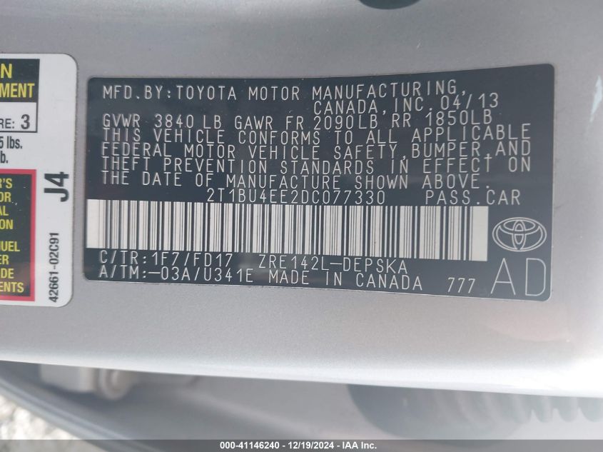 VIN 2T1BU4EE2DC077330 2013 Toyota Corolla, S no.9