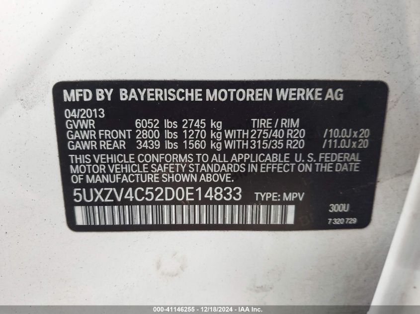 VIN 5UXZV4C52D0E14833 2013 BMW X5, Xdrive35I/Xdrive... no.9