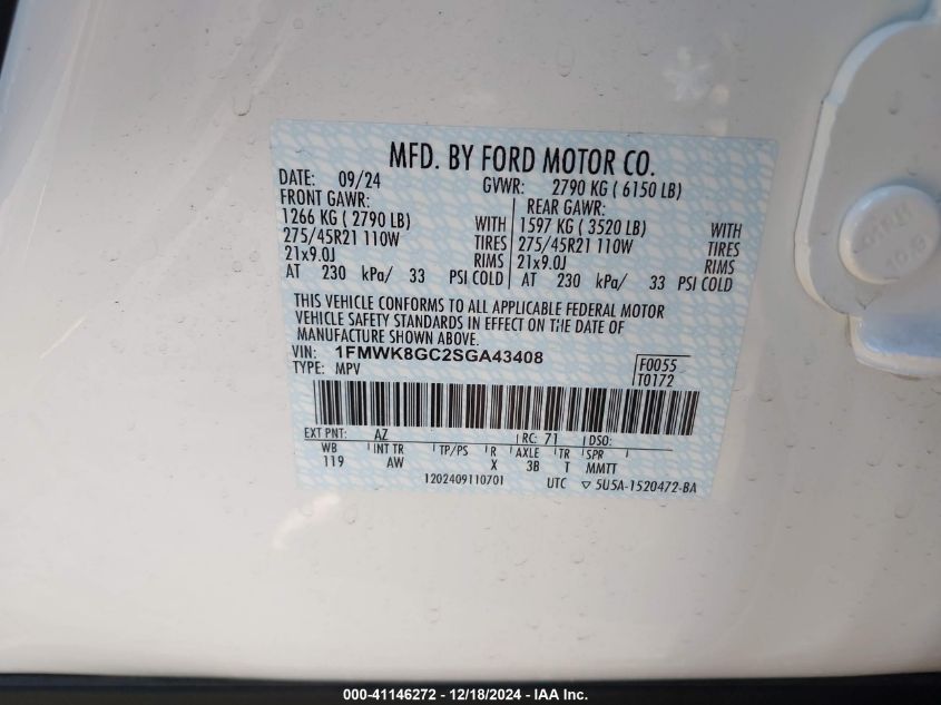 2025 Ford Explorer St VIN: 1FMWK8GC2SGA43408 Lot: 41146272