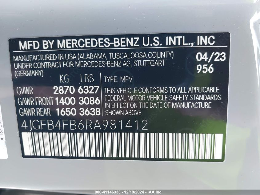 2024 Mercedes-Benz Gle 350 4Matic VIN: 4JGFB4FB6RA981412 Lot: 41146333