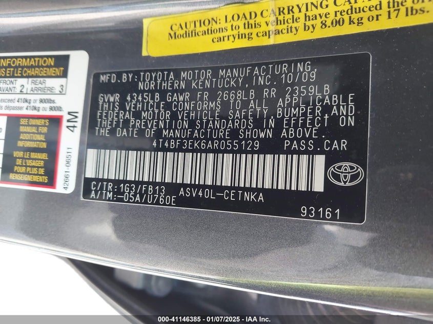 2010 TOYOTA CAMRY VIN: 4T4BF3EK6AR055129