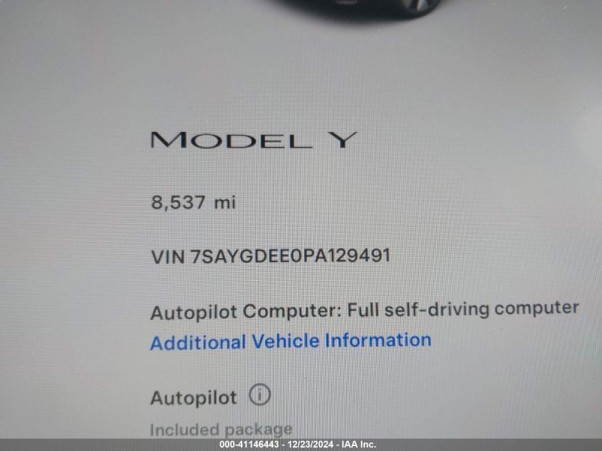 2023 Tesla Model Y Awd/Long Range Dual Motor All-Wheel Drive VIN: 7SAYGDEE0PA129491 Lot: 41146443