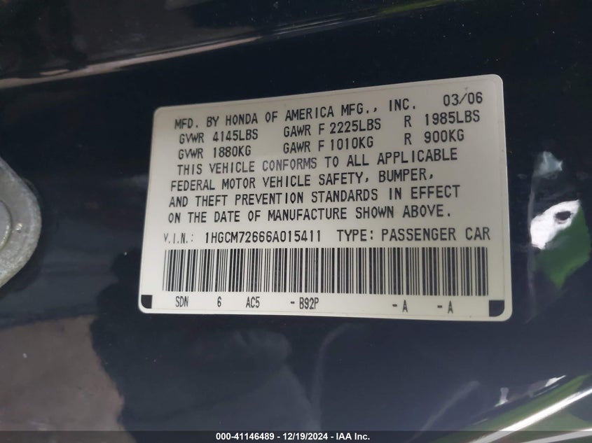 2006 HONDA ACCORD VIN: 1HGCM72666A015411