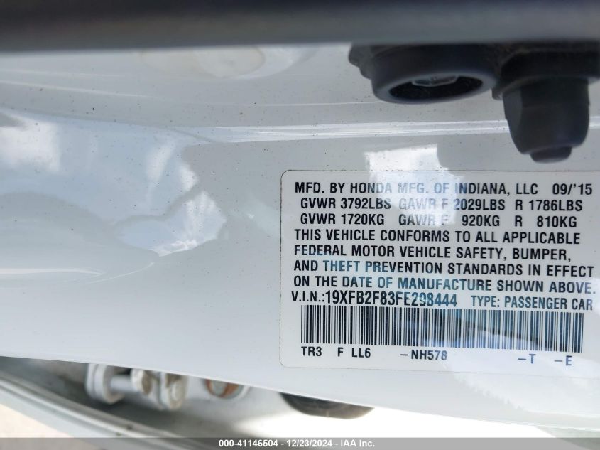 VIN 19XFB2F83FE298444 2015 Honda Civic, EX no.9