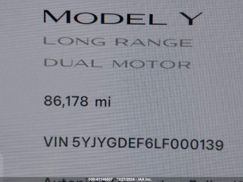 2020 Tesla Model Y Long Range Dual Motor All-Wheel Drive/Performance Dual Motor All-Wheel Drive VIN: 5YJYGDEF6LF000139 Lot: 41146507