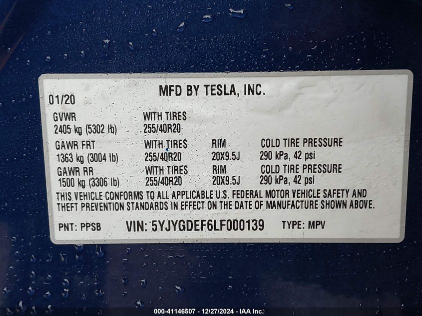 2020 Tesla Model Y Long Range Dual Motor All-Wheel Drive/Performance Dual Motor All-Wheel Drive VIN: 5YJYGDEF6LF000139 Lot: 41146507