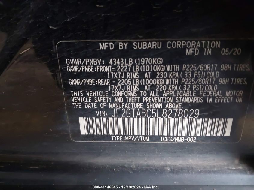 VIN JF2GTABC5L8278029 2020 SUBARU CROSSTREK