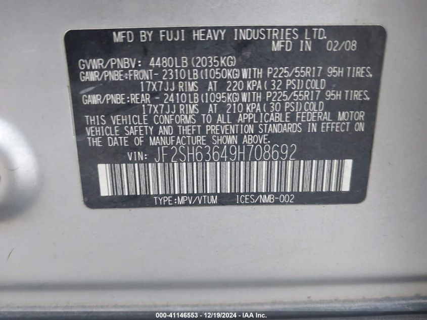 2009 Subaru Forester VIN: JF2SH636498708692 Lot: 41146553