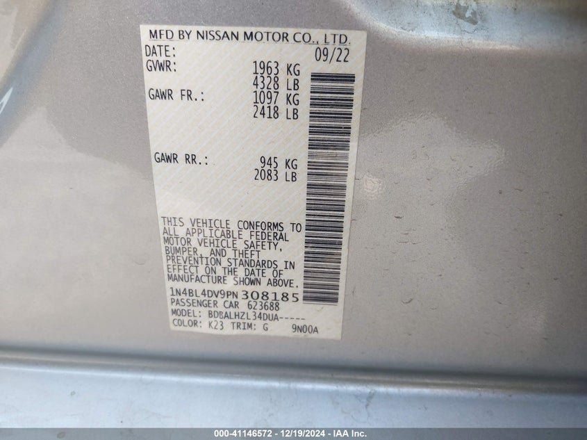 2023 NISSAN ALTIMA VIN: 1N4BL4DV9PN308185
