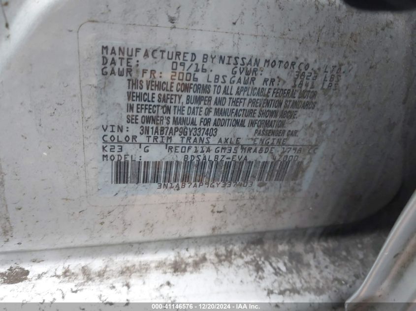 VIN 3N1AB7AP9GY337403 2016 Nissan Sentra, S no.9