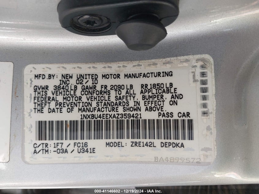 2010 TOYOTA COROLLA VIN: 1NXBU4EEXAZ359421