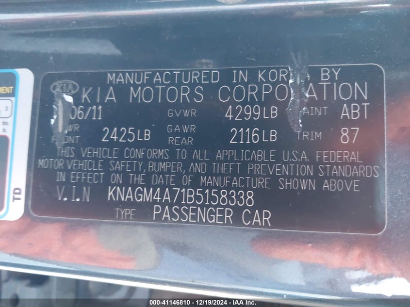 2011 KIA OPTIMA VIN: KNAGM4A71B5158338