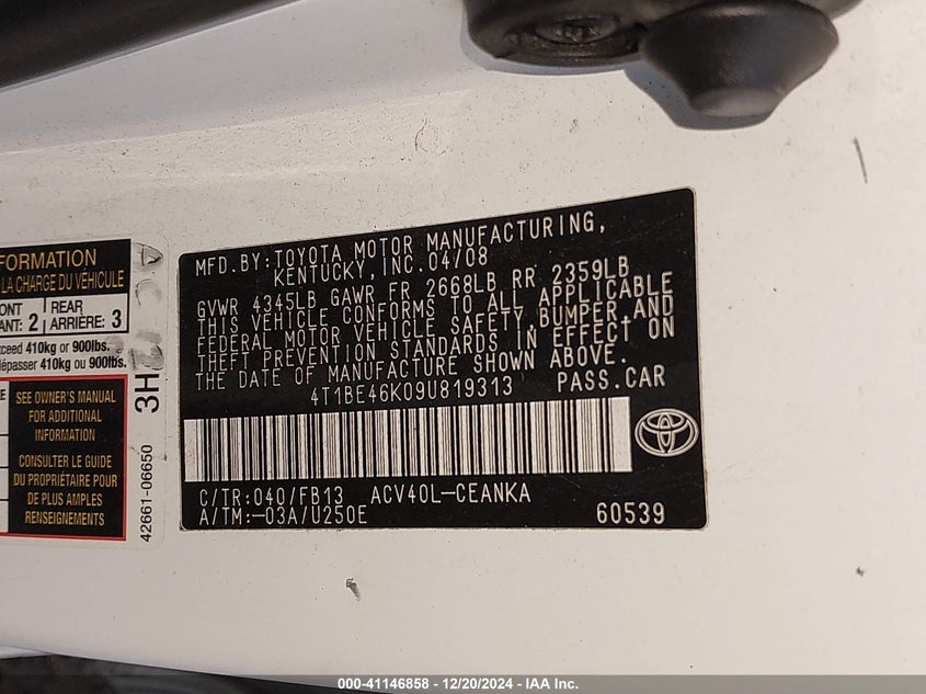 2009 TOYOTA CAMRY VIN: 4T1BE46K09U819313