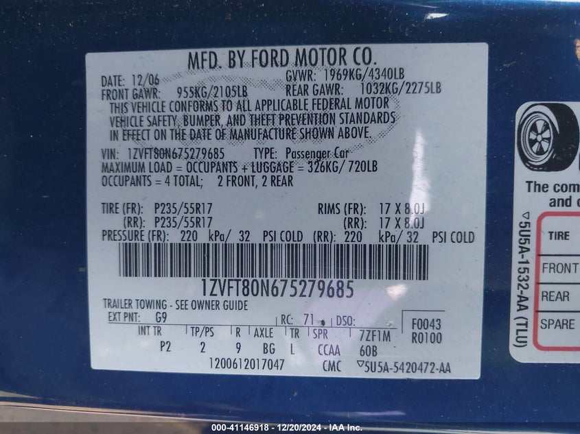 2007 FORD MUSTANG VIN: 1ZVFT80N675279685