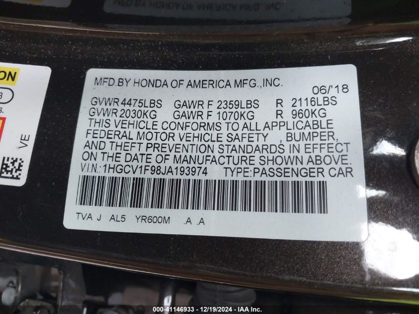 VIN 1HGCV1F98JA193974 2018 Honda Accord, Touring no.9