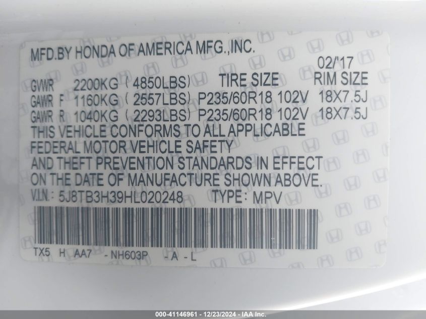 VIN 5J8TB3H39HL020248 2017 Acura RDX, Base (a6)/W/A... no.9