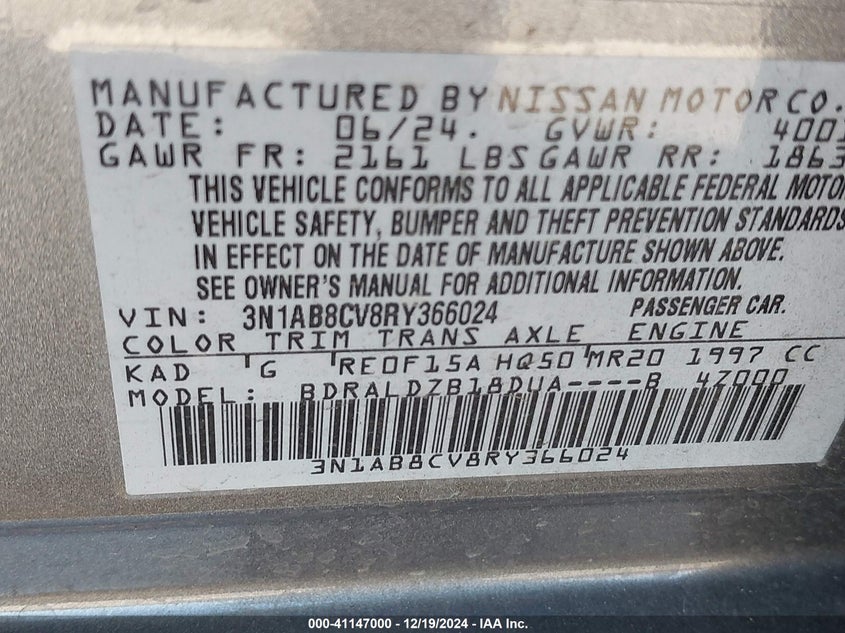 2024 NISSAN SENTRA VIN: 3N1AB8CV8RY366024