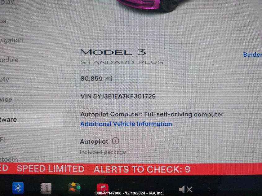 2019 Tesla Model 3 Long Range/Mid Range/Standard Range/Standard Range Plus VIN: 5YJ3E1EA7KF301729 Lot: 41147008