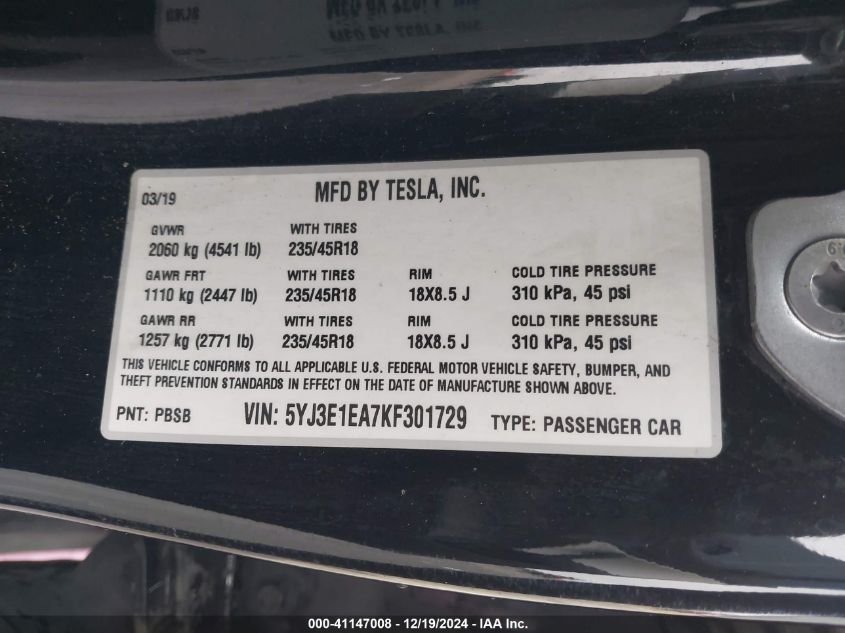 2019 Tesla Model 3 Long Range/Mid Range/Standard Range/Standard Range Plus VIN: 5YJ3E1EA7KF301729 Lot: 41147008