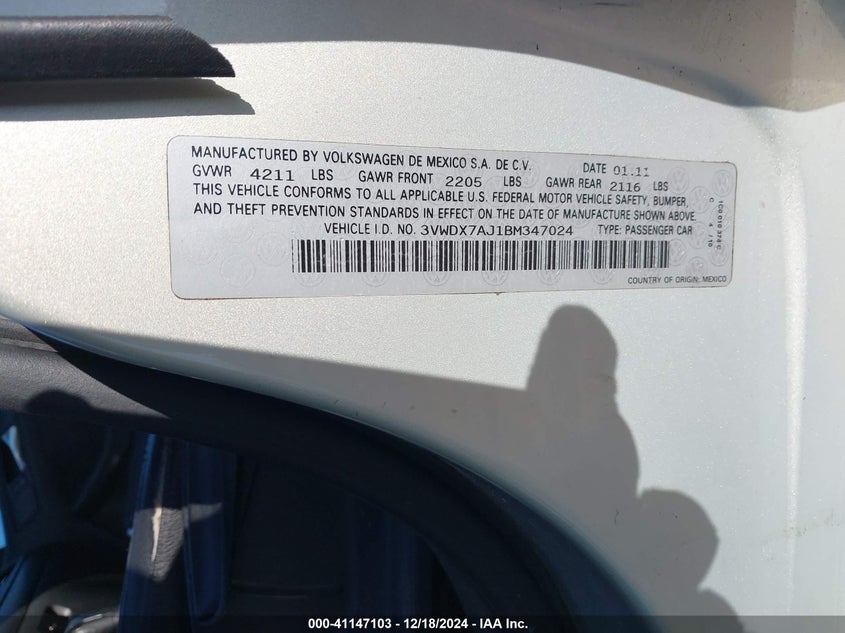2011 VOLKSWAGEN JETTA VIN: 3VWDX7AJ1BM347024