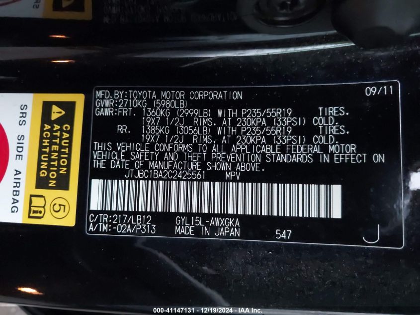 2012 Lexus Rx 450H VIN: JTJBC1BA2C2425561 Lot: 41147131