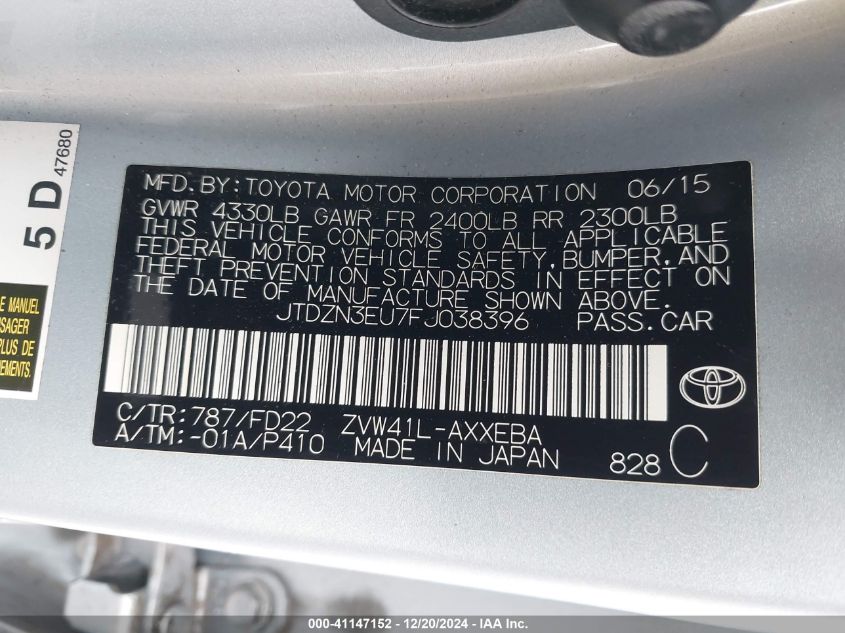 VIN JTDZN3EU7FJ038396 2015 Toyota Prius, V Three no.9